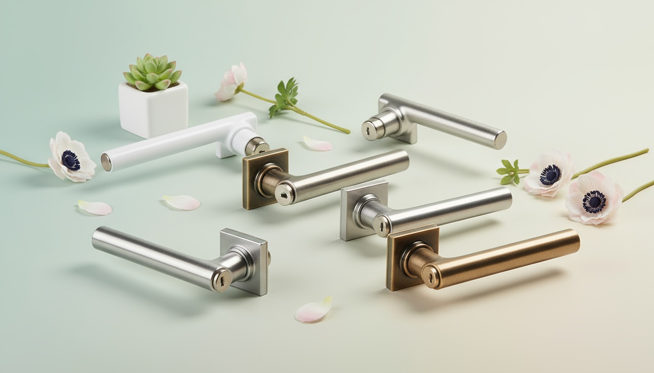 Detailaufnahme abschließbare Fenstergriffe in Weiß, Silber und Bronze mit sichtbaren Schlüsseln und Zylindern