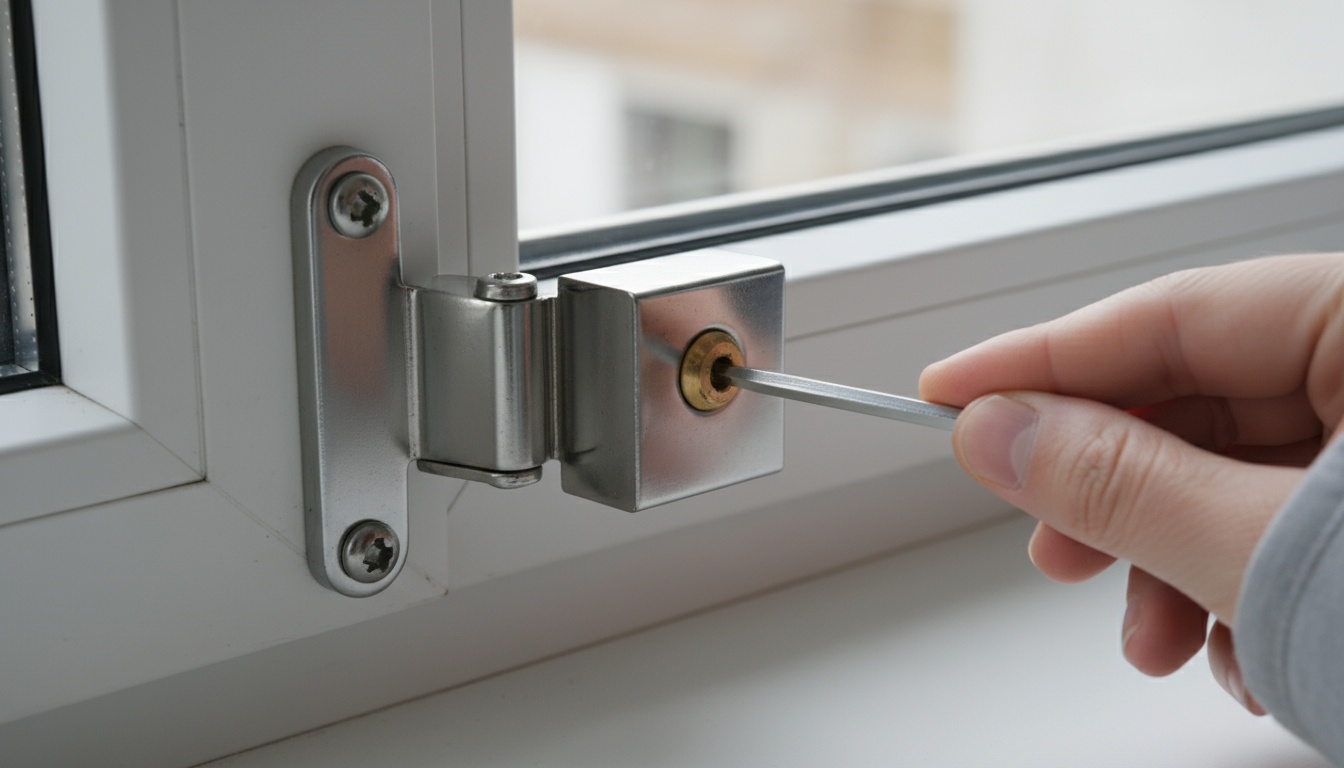 Fenster einstellen praxis-guide-tutorial Nahaufnahme: Hand mit Inbusschlüssel an Beschlag, Schrauben justieren - fenster einstellen Schritt für Schritt sichtbar.