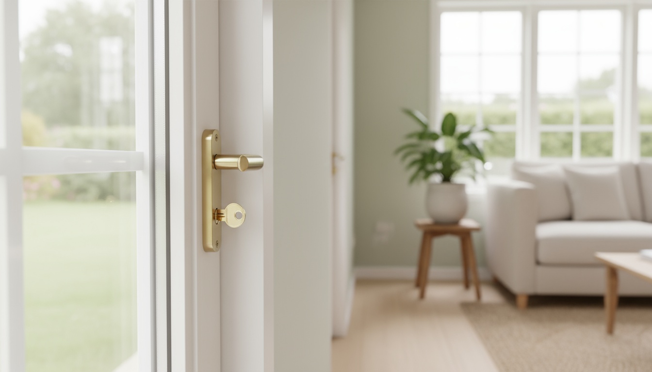 Modernes weißes Fenster mit abschließbaren Fenstergriffen, Schlüssel im Schloss sichtbar, Innenansicht eines Wohnzimmers