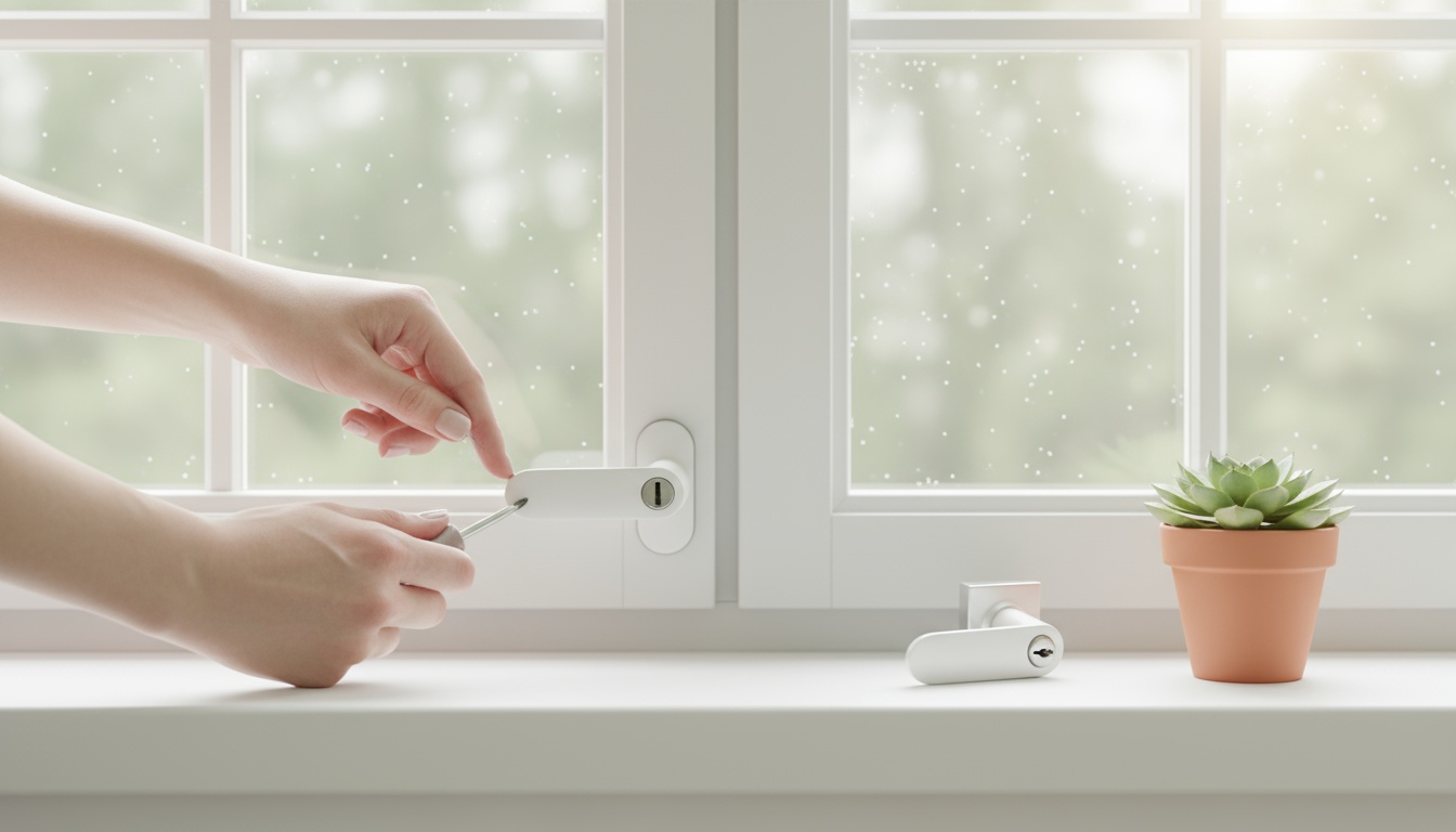 Nahaufnahme: Hände montieren abschließbare Fenstergriffe mit Schraubendreher an weißem Rahmen, altes Griffstück liegt daneben.