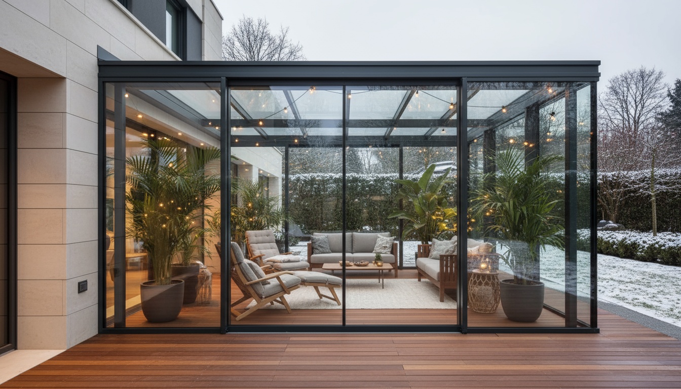 Professional architectural photograph of a modern warm wintergarten attached to a contemporary house, floor-to-ceiling glass panels, aluminum frame structure, comfortable furniture inside, lush green plants, natural daylight flooding through, shot with professional DSLR camera, high resolution, realistic details