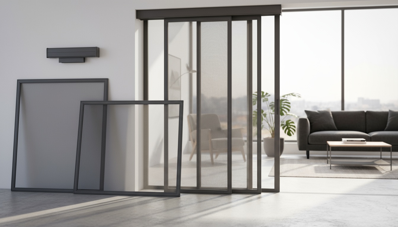 Professional product photography of various insect screen types for windows including fixed frame, roller blind and sliding systems, arranged in modern living room setting, natural daylight from window, shot with DSLR camera, high resolution, crisp details, shallow depth of field