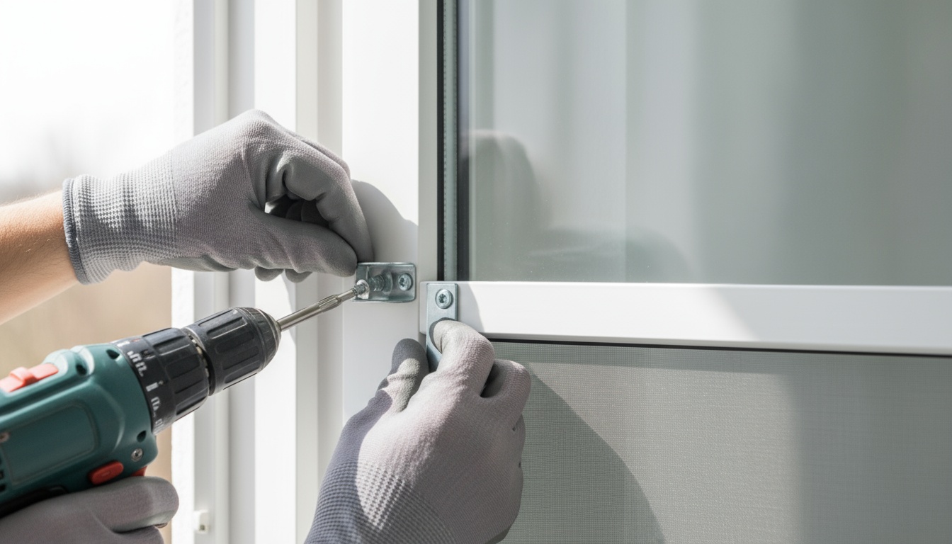 Close-up professional photo of hands installing a fly screen frame using mounting brackets on a white PVC window frame, detailed view of the installation mechanism, bright natural lighting, DIY home improvement setting, shot with macro lens, high resolution, sharp focus