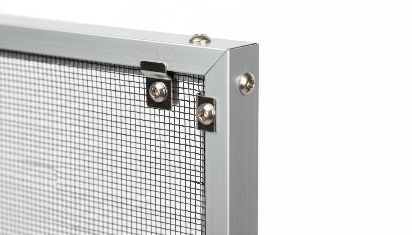 Close-up professional photo of insect screen mesh installation detail showing aluminum frame profile, tight mesh fabric texture, mounting brackets and corner connections, macro photography style, bright studio lighting, shot with macro lens, extremely high resolution, technical documentation quality