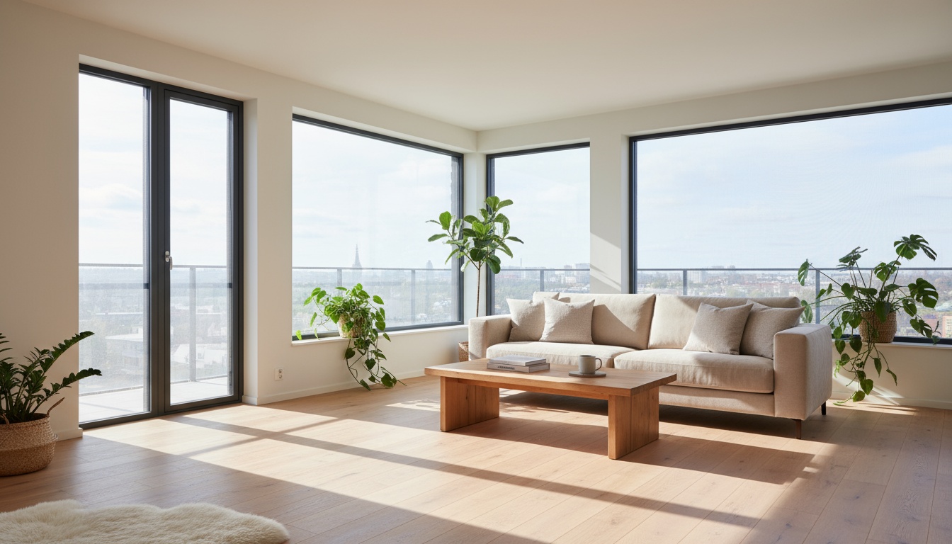 Wide angle professional interior photo of a bright living room with multiple windows equipped with modern fly screens, natural sunlight streaming through, comfortable furniture visible, airy and insect-free atmosphere, shot with wide angle lens, high resolution, professional real estate photography style