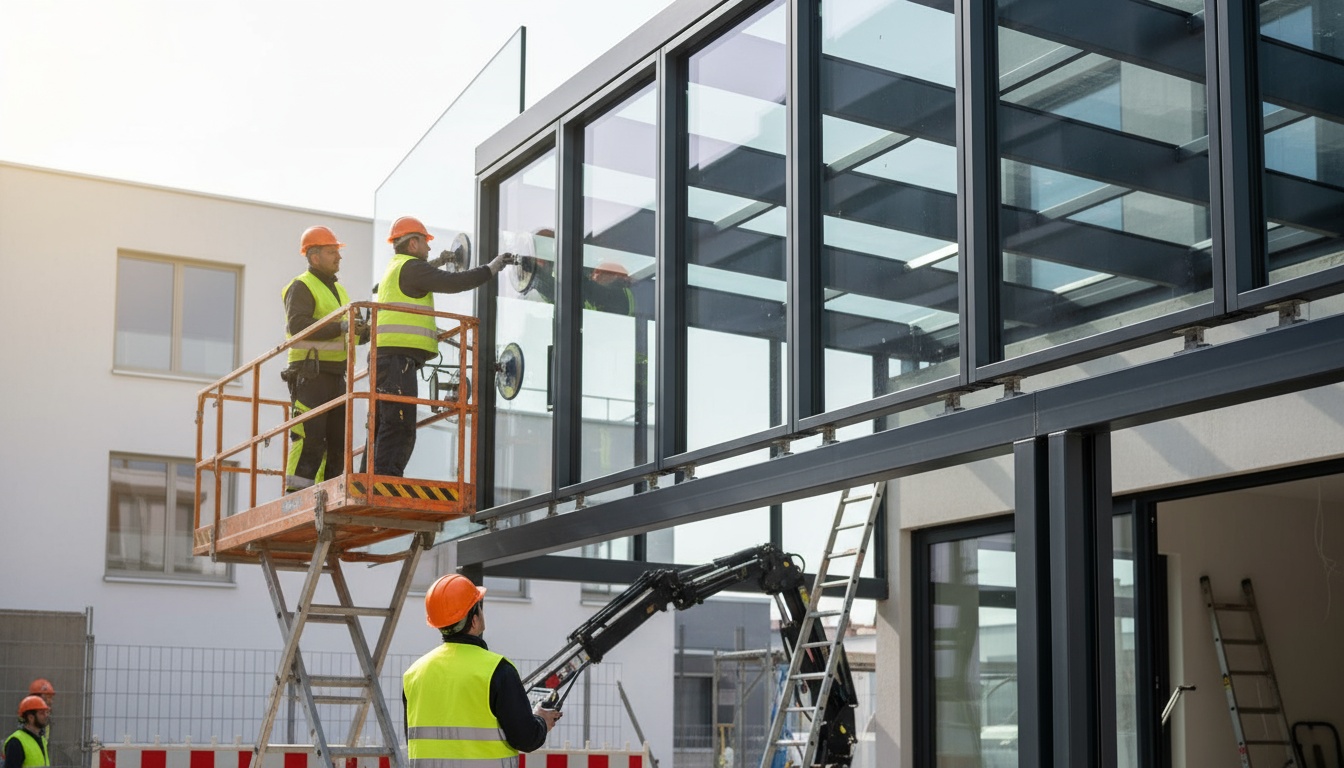 Professional construction photograph showing workers installing large glass panels on a wintergarten structure, aluminum frame visible, safety equipment worn, bright daylight, construction site atmosphere, shot with DSLR camera, high resolution, detailed and realistic