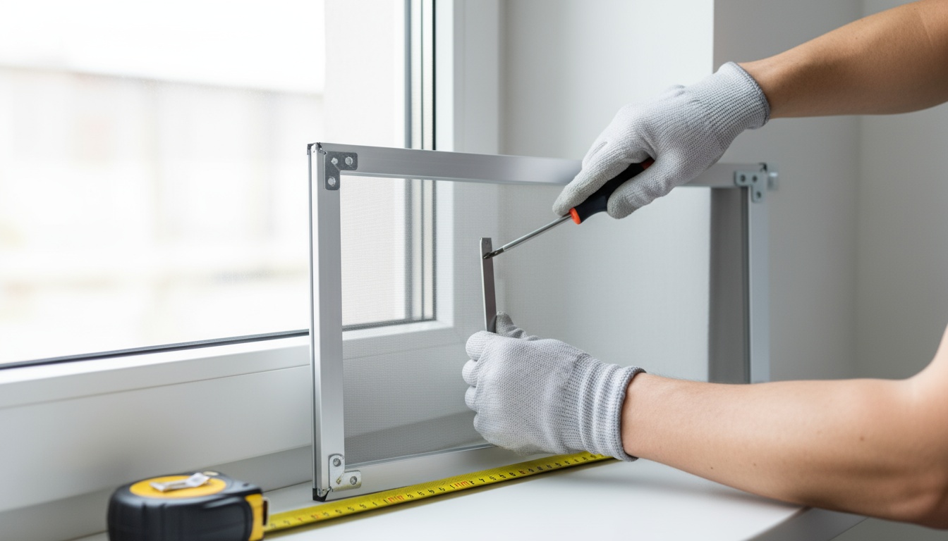 Professional installation photo showing hands of installer mounting insect screen frame to window, detailed view of mounting brackets and tools, bright natural daylight, realistic workshop setting, shot with DSLR camera, high resolution, instructional photography style