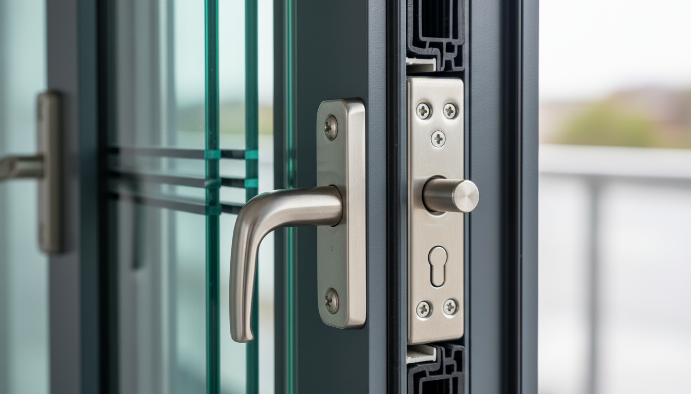 Makroaufnahme bodentiefe fenster: Profil mit Dreifachverglasung, Aluminiumrahmen und sicherer Verriegelung.