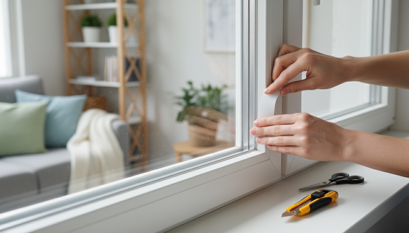 Hände bringen selbstklebendes Dichtband an weißem Fensterrahmen an, Fenster abdichten Schritt für Schritt