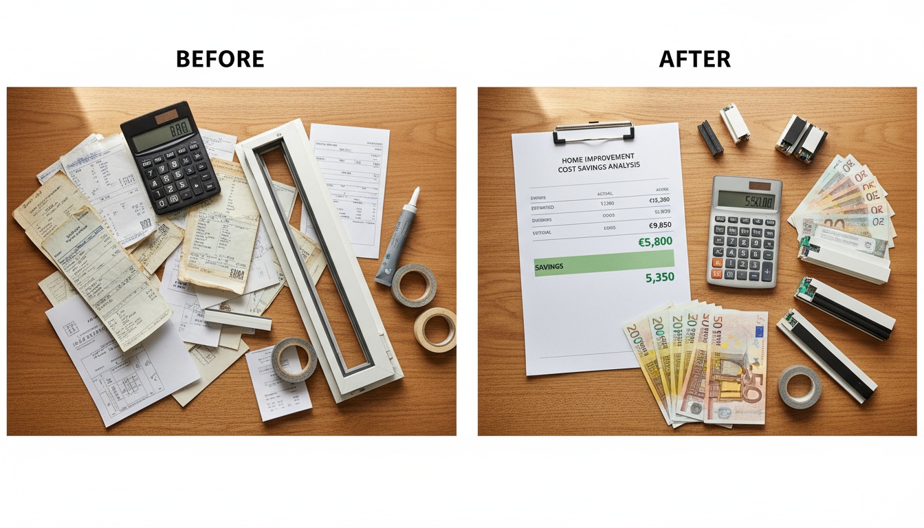 Überkopfaufnahme: Taschenrechner, Euro-Scheine und Fensterrahmenmuster zeigen Kostenvergleich beim Fenster abdichten, scharf fokussiert.