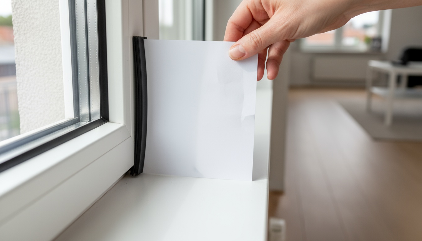 Hand prueft Gummidichtung am Fenster mit Papiertest, realistisches Foto zur Anleitung Fenster abdichten bei Tageslicht