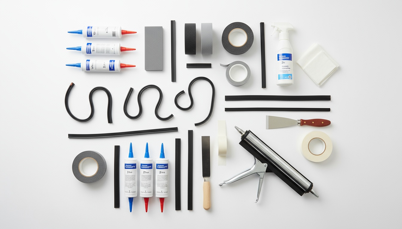 Professionelle Draufsicht: Silikon, Schaumstoffband, Gummidichtungen und Werkzeuge zum Fenster abdichten in hoher Auflösung