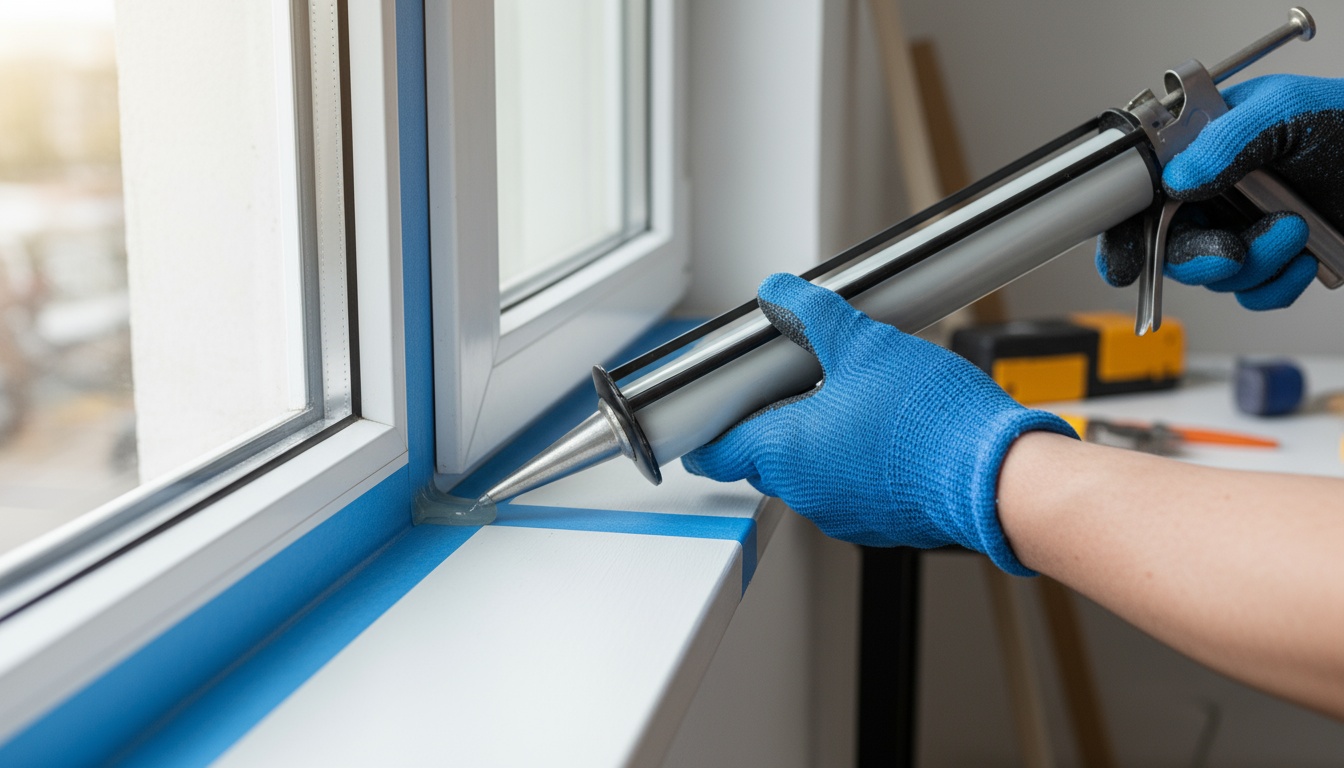 Hände mit Kartuschenpistole bringen Silikon auf den Fensterrahmen auf, fenster abdichten praktisch und sauber