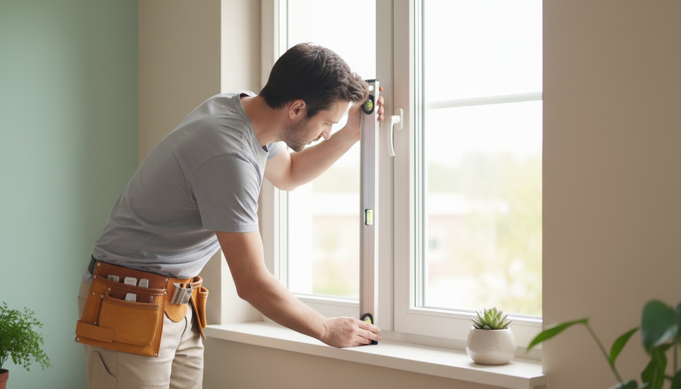 Fenster einstellen: Moderne Fenster präzise justieren Handwerker prüft mit Wasserwaage das Fenster, um fenster einstellen zu prüfen und gleichmäßige Fugen zu gewährleisten