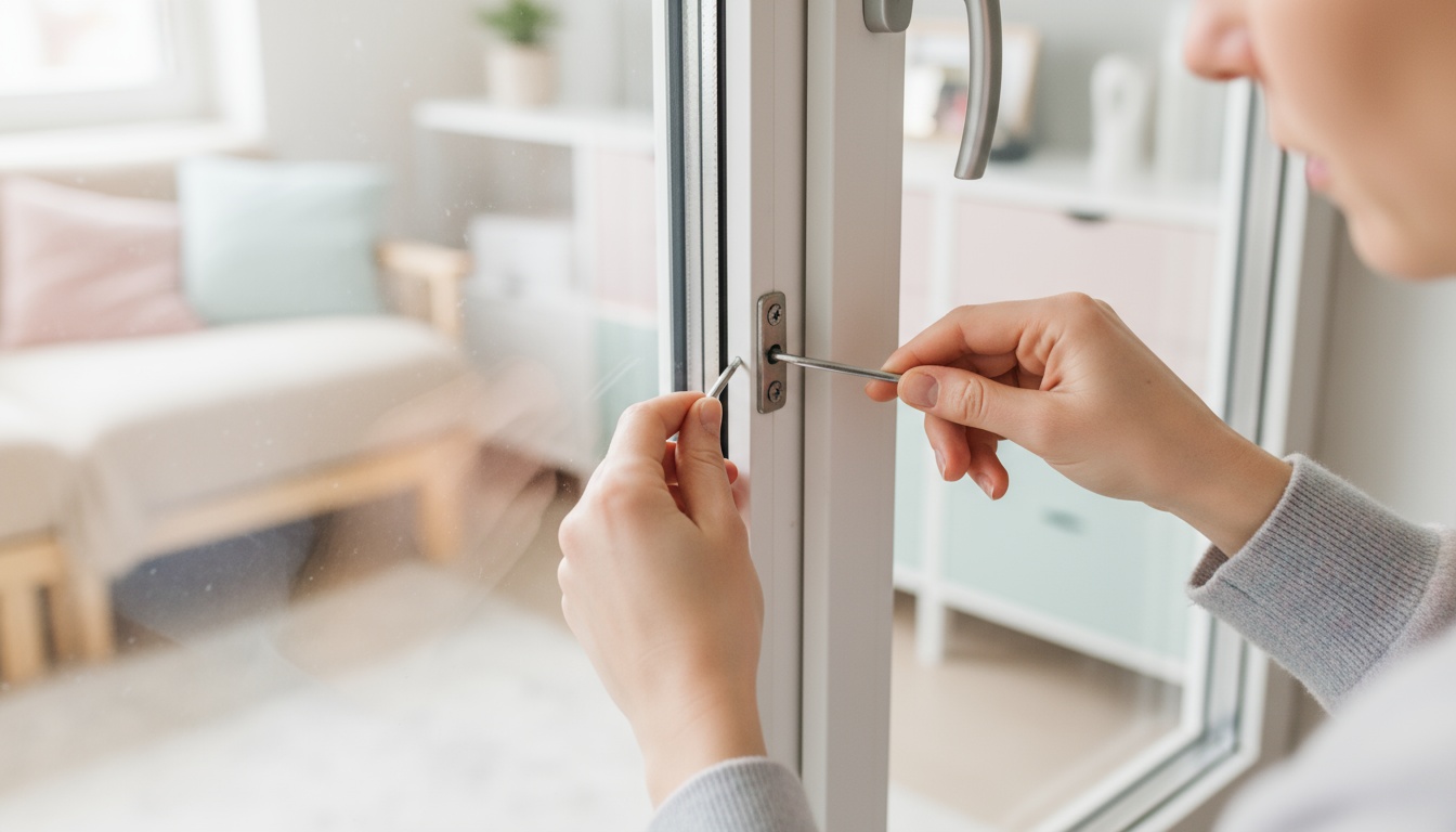 Fenster einstellen mit Inbus schrittweise Hausbesitzer justiert Fenster mit Inbusschluessel, sichtbare Schraube am Scharnier, Fokus auf Hände beim Fenster einstellen