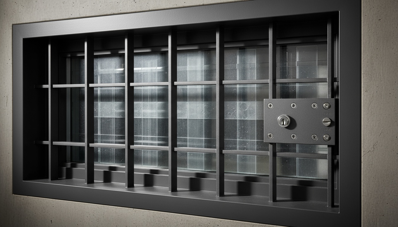 Nahaufnahme: Kellerfenster mit verstärktem Stahlgitter, Sicherheitsverglasung und moderner Verriegelungstechnik