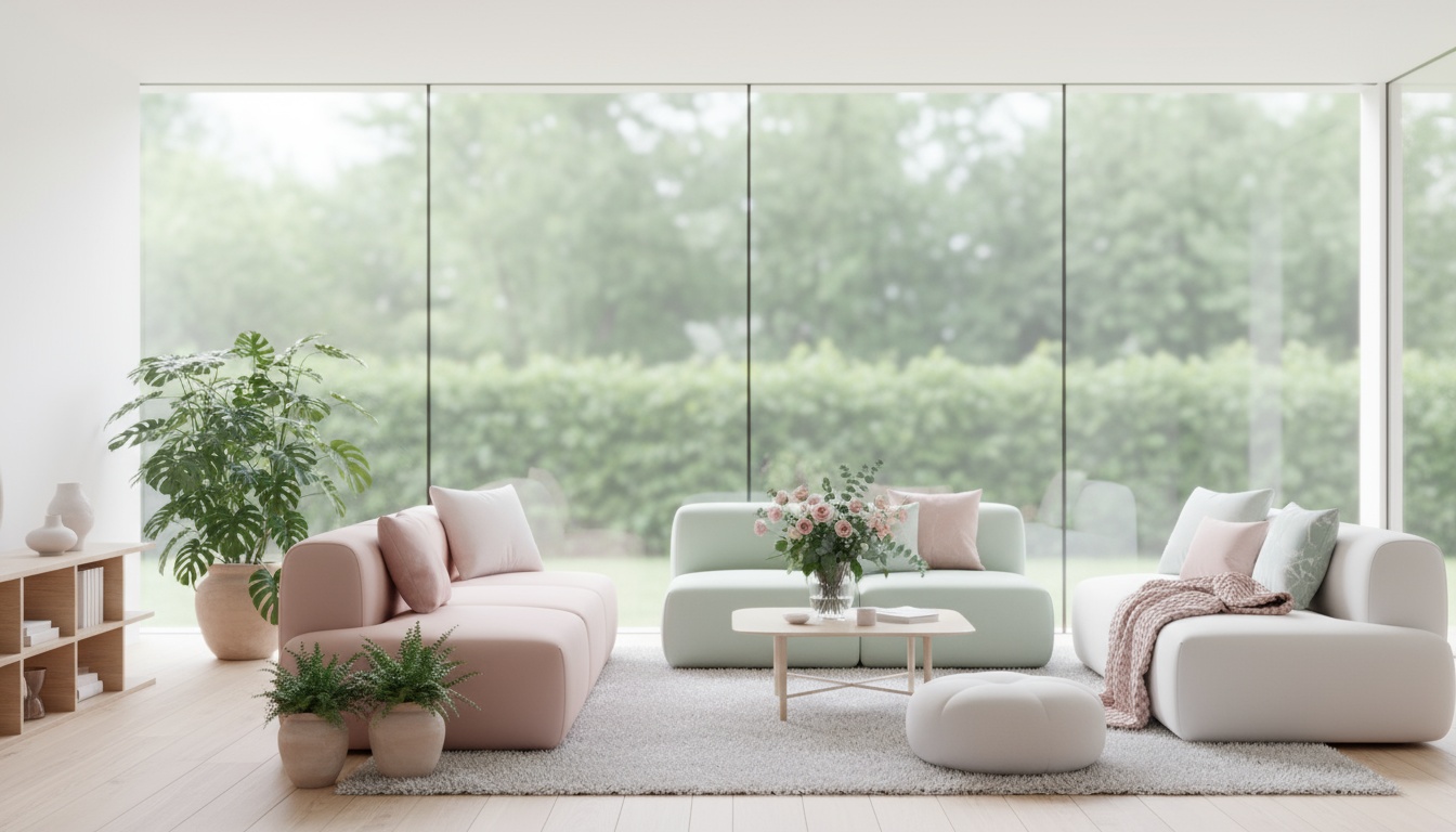 Modernes Wohnzimmer mit bodentiefe fenster, Holzfußboden, Tageslicht und Gartenblick, professionelle Architekturaufnahme