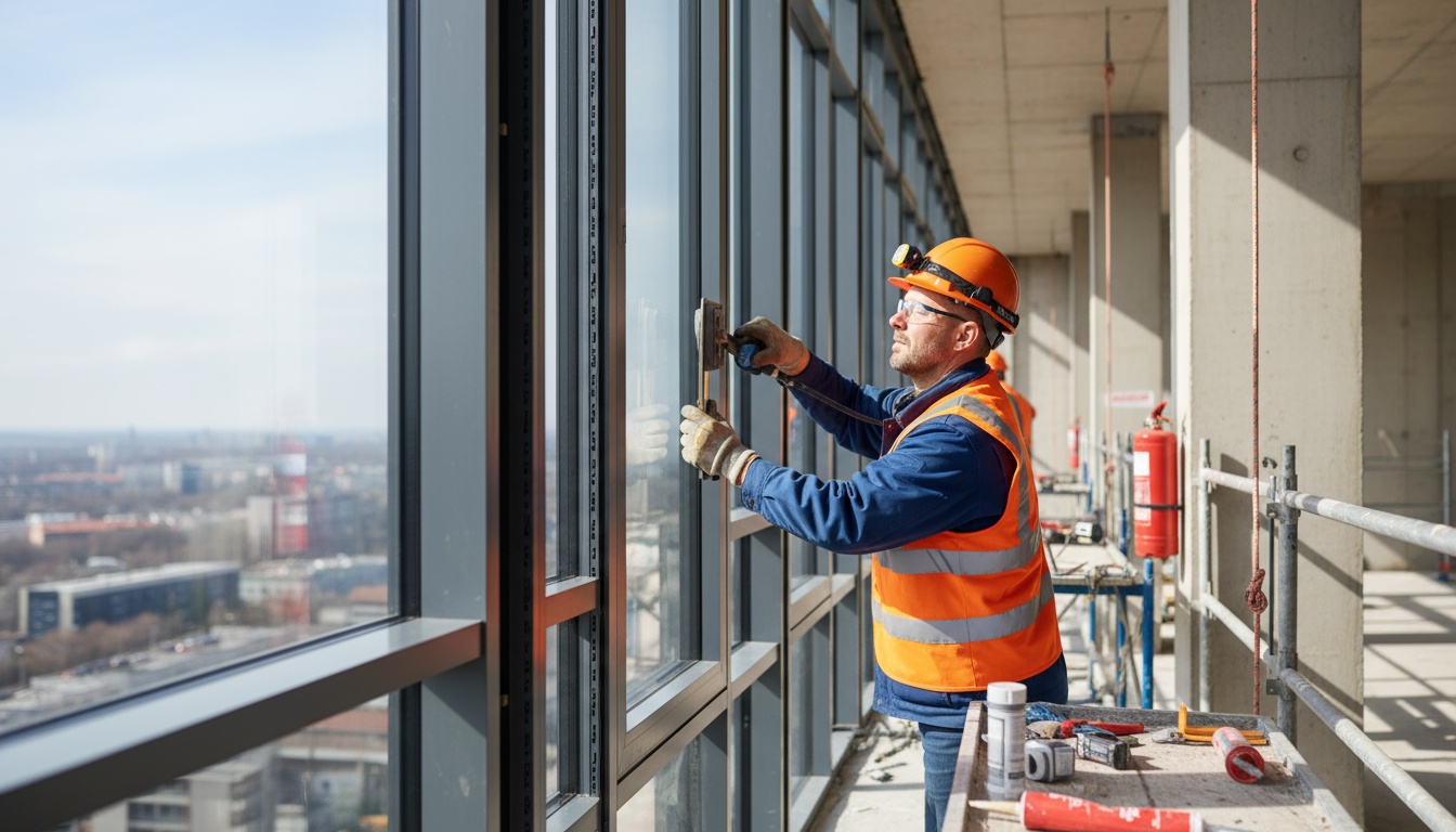 Bauarbeiter montiert bodentiefe Fenster in modernem Bau: großer Rahmen, Schutzhelm, Tageslicht