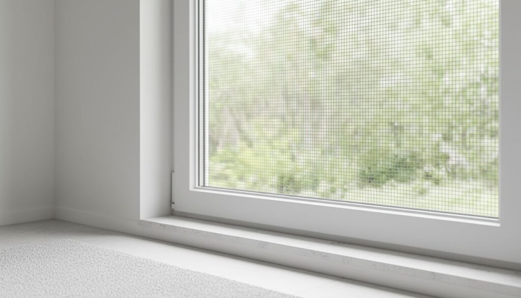 A professional high-resolution photo showing a modern white window with an elegant insect screen fitted perfectly, close-up detail of the mesh texture in focus, bright sunny room with soft natural daylight streaming through, shallow depth of field with blurred green garden plants visible outside, clean minimalistic interior, neutral white and grey tones, premium editorial photography style, shot with DSLR camera 50mm lens, horizontal landscape composition 16:9 format with negative space on sides, soft color grading, magazine quality aesthetic