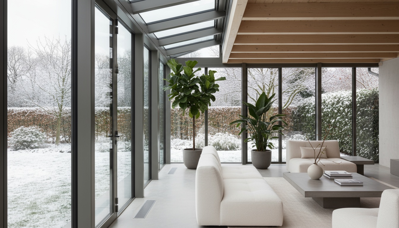 A professional high-resolution photo showing a bright modern conservatory wintergarten with floor-to-ceiling glass walls, elegant aluminum frame structure, comfortable lounge furniture, green plants, natural daylight flooding through transparent roof, view to garden, clean minimalistic interior design, soft natural lighting, shallow depth of field, shot with DSLR camera 50mm lens, editorial photography style for premium architecture magazine, neutral color grading, 16:9 landscape format, horizontal composition with negative space