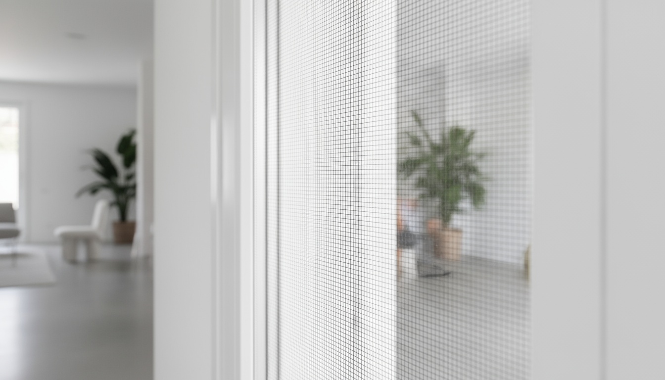 A professional high-resolution photo showing a modern white window with insect screen mesh installed, close-up detail of the fine protective netting, bright natural daylight from outside, indoor perspective, clean minimalistic interior, shallow depth of field with blurred background, neutral color palette with whites and soft grays, editorial photography style for premium magazine, shot with DSLR camera 50mm lens, horizontal landscape composition 16:9 format, negative space on sides, soft natural lighting, clean and airy atmosphere