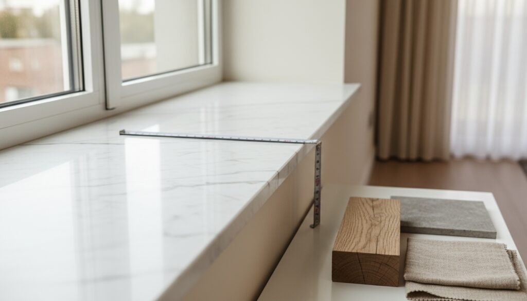 A professional high-resolution photo showing an elegant modern window sill made of natural stone or wood material, close-up detail shot with measuring tape and material samples nearby, bright natural daylight from window, shallow depth of field, clean minimalistic interior background, soft neutral color grading, editorial photography style for premium magazine, shot with DSLR camera 50mm lens, horizontal landscape composition 16:9 format with negative space