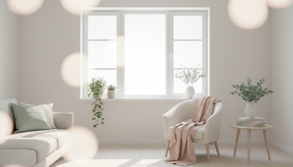 Modernes skandinavisches Wohnzimmer mit energieeffizientem Dreifachfenster, ideal für bafa förderung fenster