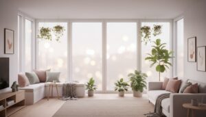 Skandinavisches Wohnzimmer mit bodentiefe Fenster, weichem Lesebereich, Pastelltönen und Pflanzen im Morgenlicht