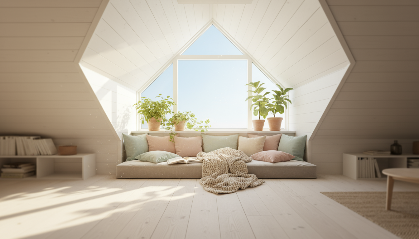 Helles skandinavisches Dachzimmer nach dachfenster einbauen, warmes Licht auf gemütliche Leseecke mit Pastellkissen.