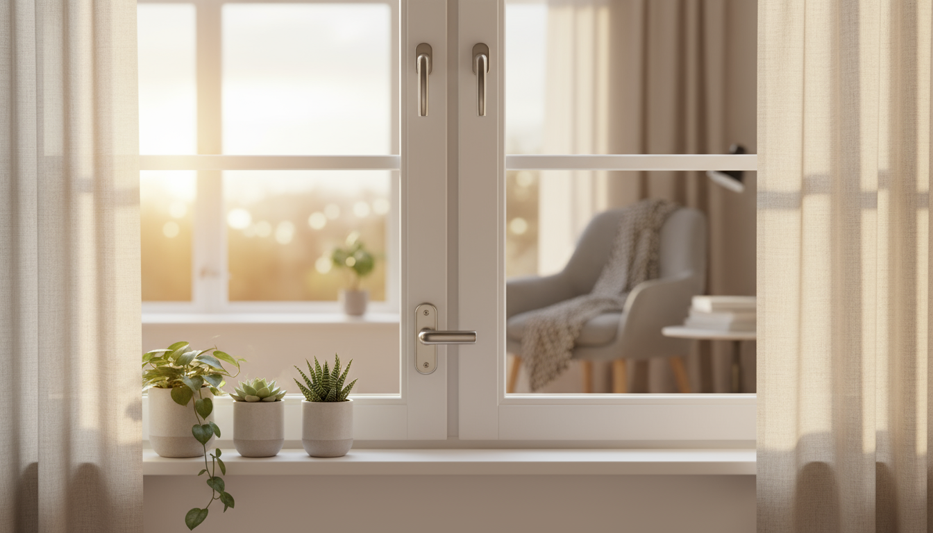 Skandinavisches Fenster mit gebuerstetem Stahlschloss, warmes Licht und Pflanzen – einbruchschutz fenster