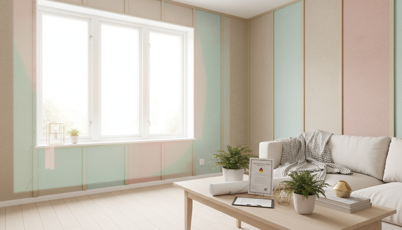 Scandi-Wohnzimmer während energetische sanierung: pastell-Dämmstoffe an Wand, energieeffizientes Fenster, Pläne auf Tisch