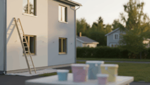 Skandinavische Hausfassade bei goldenem Abendlicht mit Leiter und Farbe, Fassadensanierung im Fokus.
