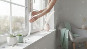 Hände beim Fenster abdichten mit Dichtungsband an weißem skandinavischem Fenster, Morgenlicht und Pflanzen.