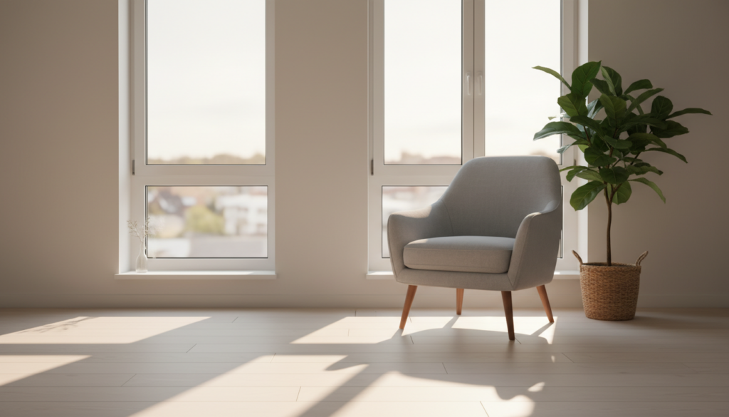 Skandinavisches Wohnzimmer mit weißen Doppelglas-Fenstern, warmes Abendlicht – fenster austauschen kosten sichtbar.