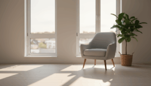 Skandinavisches Wohnzimmer mit weißen Doppelglas-Fenstern, warmes Abendlicht – fenster austauschen kosten sichtbar.