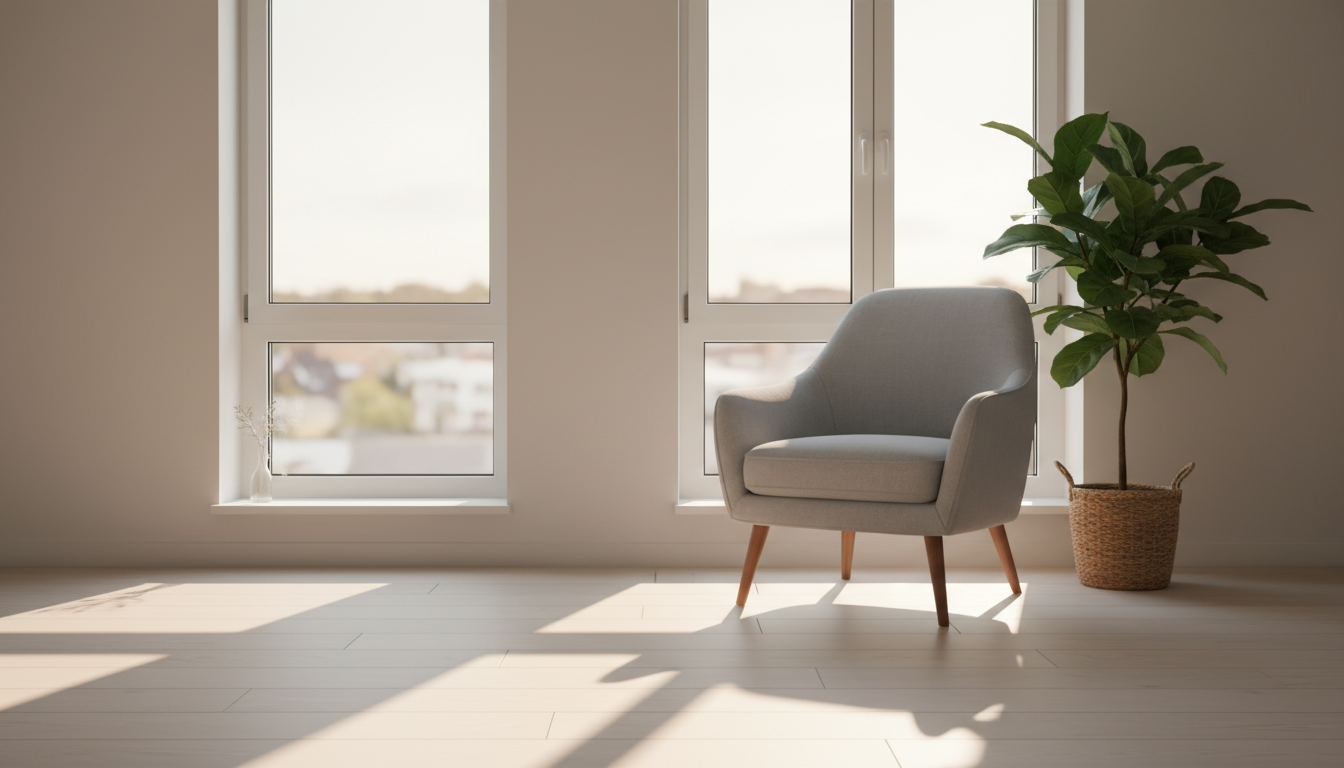 Skandinavisches Wohnzimmer mit weißen Doppelglas-Fenstern, warmes Abendlicht – fenster austauschen kosten sichtbar.