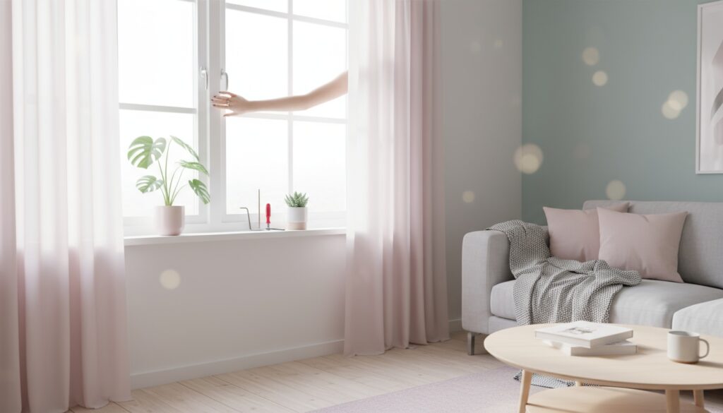 Person stellt weiße Fensterrahmen in skandinavischem Wohnzimmer ein, sanftes Morgenlicht, Pastelltöne – fenster einstellen