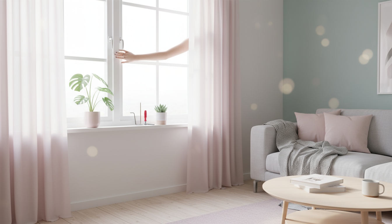 Person stellt weiße Fensterrahmen in skandinavischem Wohnzimmer ein, sanftes Morgenlicht, Pastelltöne – fenster einstellen