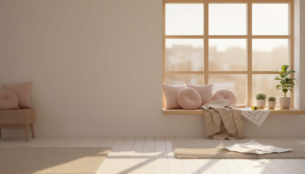 Skandinavisches fenster nach maß mit schlanken Rahmen, goldenem Sonnenlicht, gemütlicher Leseecke und Messband.