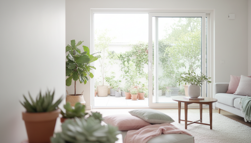 Scandi-Wohnzimmer mit grosser hebeschiebetür, weissem Rahmen und Blick zur Gartenterrasse.