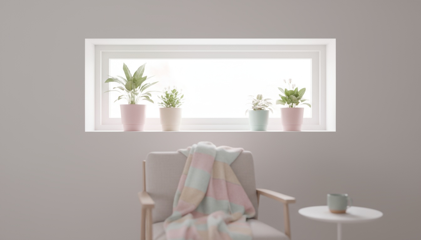 Helles kellerfenster im skandinavischen Stil mit pastellfarbener Einrichtung, Pflanzen auf der Fensterbank und weichem Bokeh