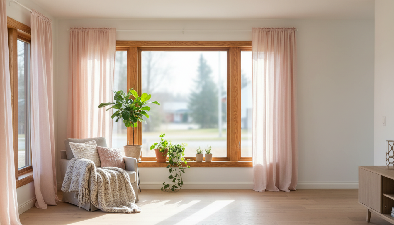 Skandinavisches Wohnzimmer mit natürlichen Holzfenstern – holzfenster kaufen, warme Lichtstimmung, sichtbare Holzmaserung