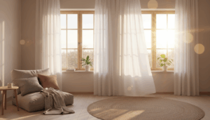 Modernes Wohnzimmer mit energieeffizienten Fenstern im goldenen Licht – kfw förderung fenster für Renovierung.