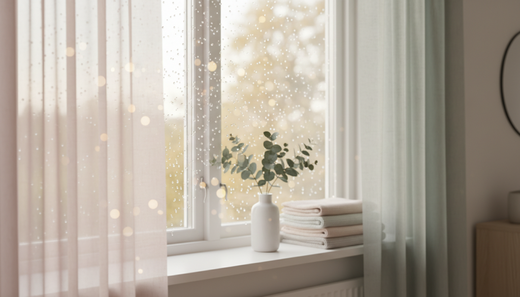 Nahaufnahme: kondenswasser am fenster mit zarten Tropfen, pastellvorhaenge und Eukalyptus auf der Fensterbank