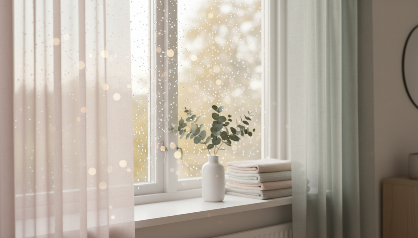 Nahaufnahme: kondenswasser am fenster mit zarten Tropfen, pastellvorhaenge und Eukalyptus auf der Fensterbank