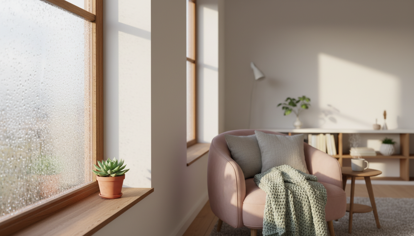 Skandinavisches Fenster mit Kondenswasser an der Scheibe, schimmel am fenster vermeiden