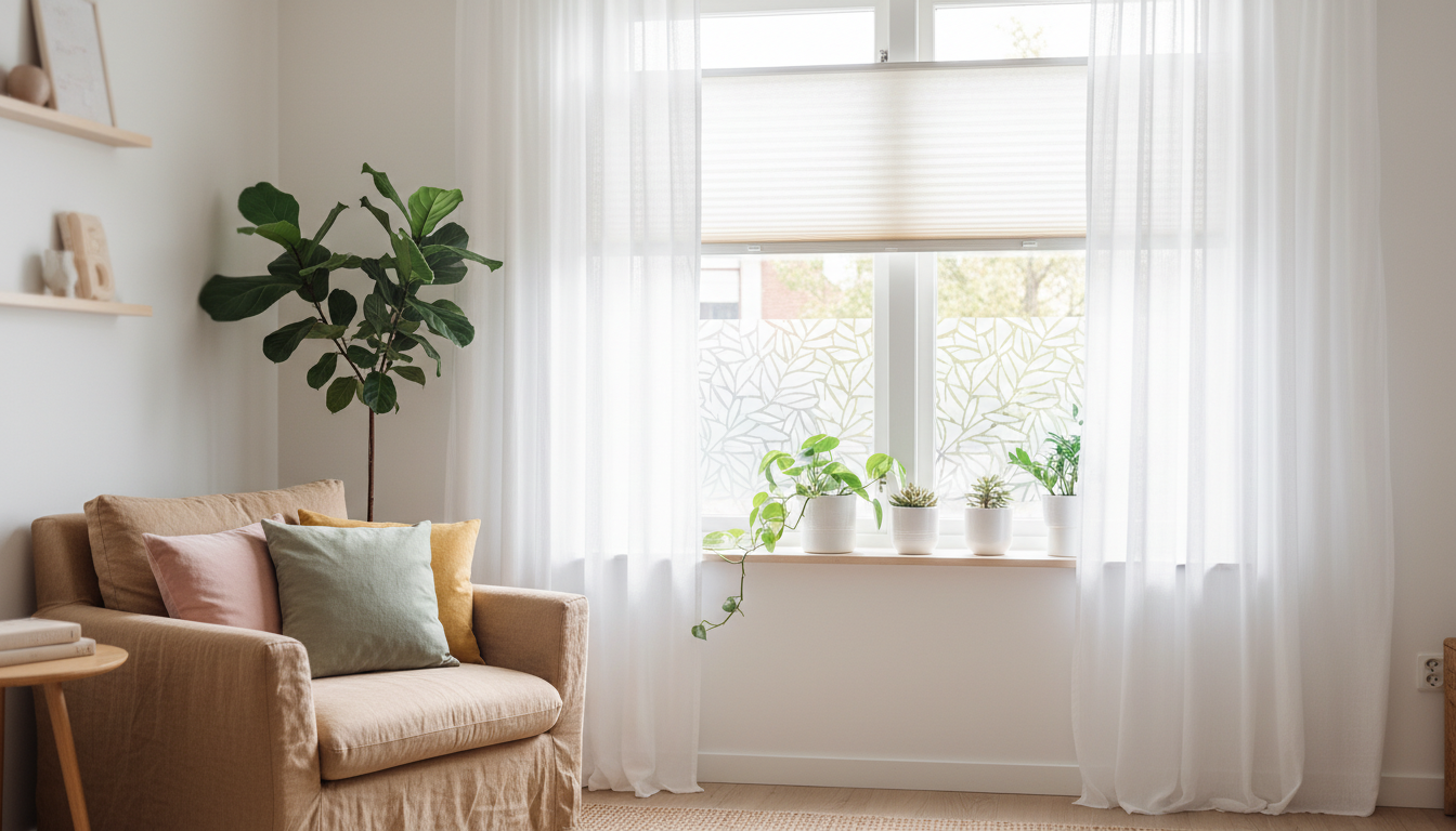 Helles skandinavisches Wohnzimmer mit Sichtschutz Fenster: feine Plissees, zarte Vorhänge und Mattfolie.