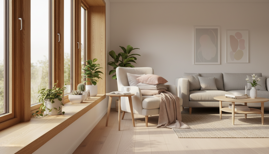 Hohes, helles skandinavisches Wohnzimmer mit Eichen-Fensterrahmen, gemütlicher Leseecke und Pflanzen