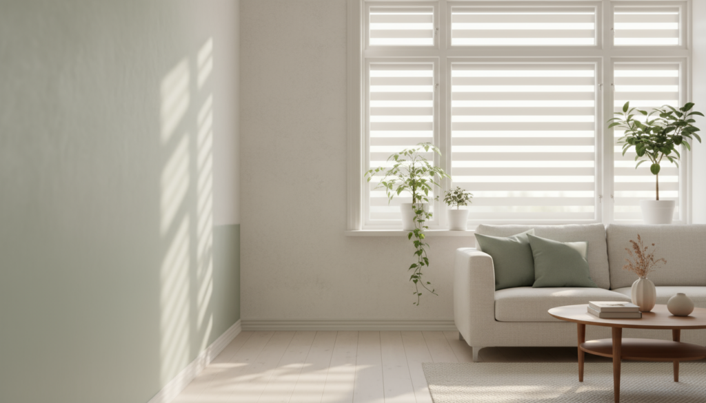 Skandinavisches Wohnzimmer mit halb geschlossenen Jalousien als sonnenschutz fenster, sanfte Lichtstreifen und Pflanzen.