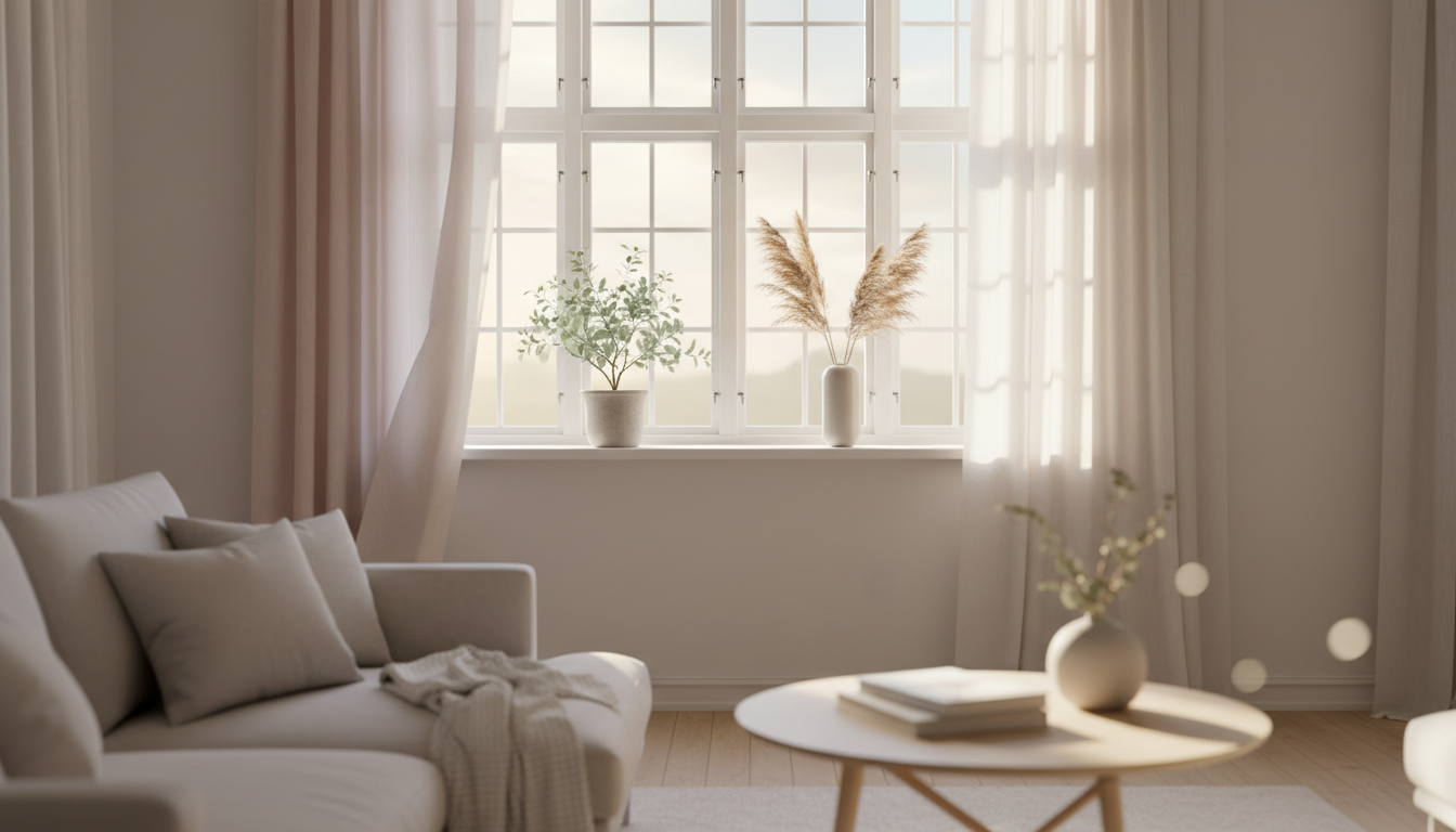 Sanftes Morgenlicht durch ein weißes sprossenfenster im skandinavischen Wohnzimmer mit Pastellvorhängen und Eukalyptus.